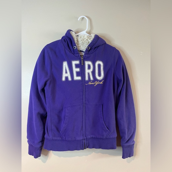 Vintage Aeropostale Purple Faux Fur Zip Front Hoodie - Picture 1 of 8